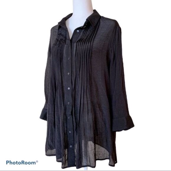 Alfani Deep Black semi sheer Long Sleeve Button Down Blouse Pintuck Panel Sz L - Picture 3 of 8